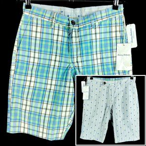 NWT $115 Tommy Bahama Reversible Blue Madras Plaid Palm Tree 10" Shorts Mens 28